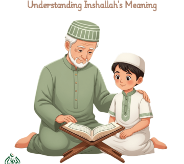 An illustration of an older Muslim teacher and a young boy reading the Quran together, illustrating the journey of understanding Inshallah's meaning with Quran Academy.