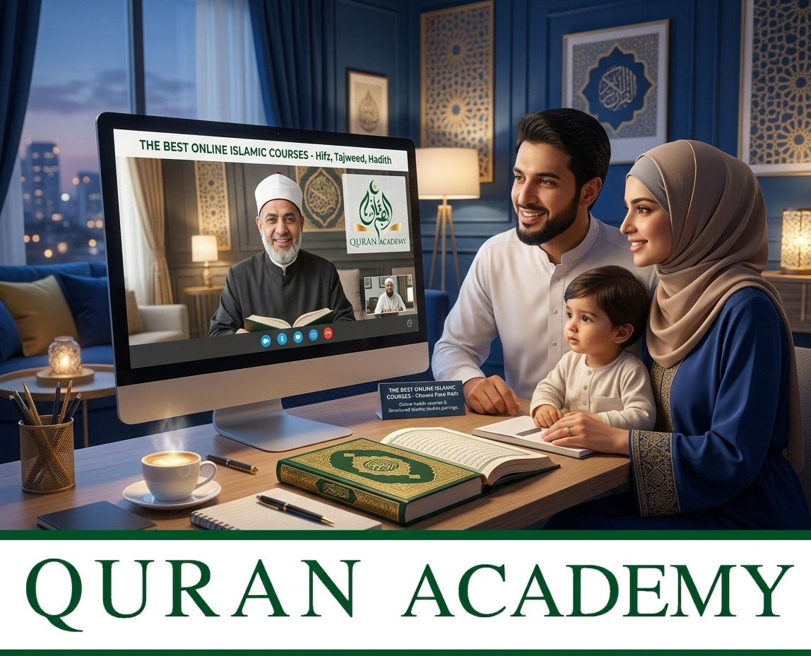 A family participating together in comprehensive online Islamic courses at home