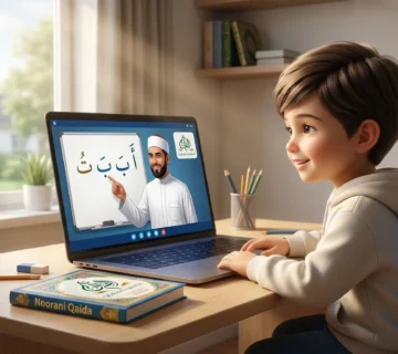 A beginner learning the Arabic alphabet in an online Noorani Qaida course with an Al-Azhar teacher