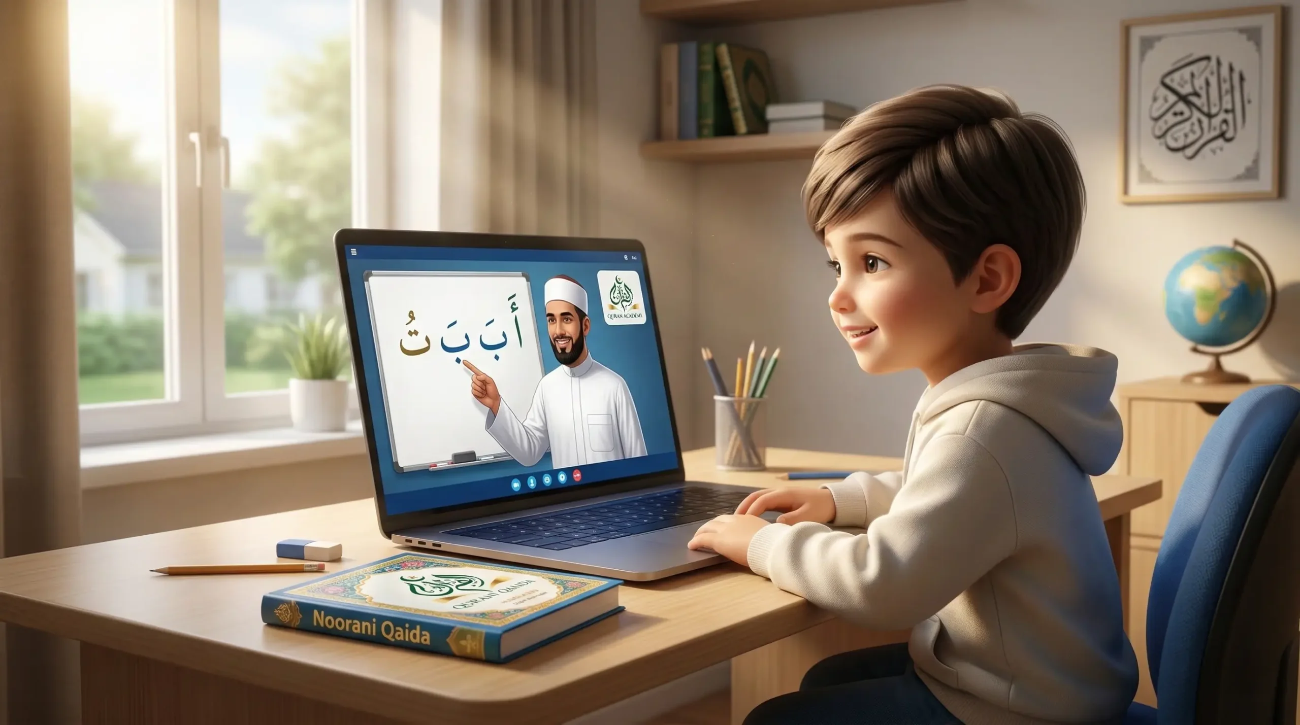 A beginner learning the Arabic alphabet in an online Noorani Qaida course with an Al-Azhar teacher