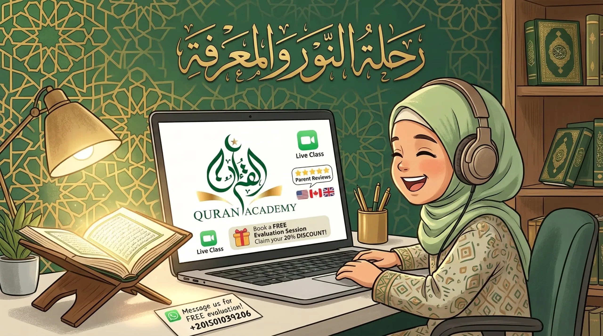 A happy young Muslim girl wearing headphones, enjoying an interactive online Quran class on her laptop. A glowing physical Quran sits on her desk, representing Quran Academy's engaging and trustworthy online Quran courses for children in the West.