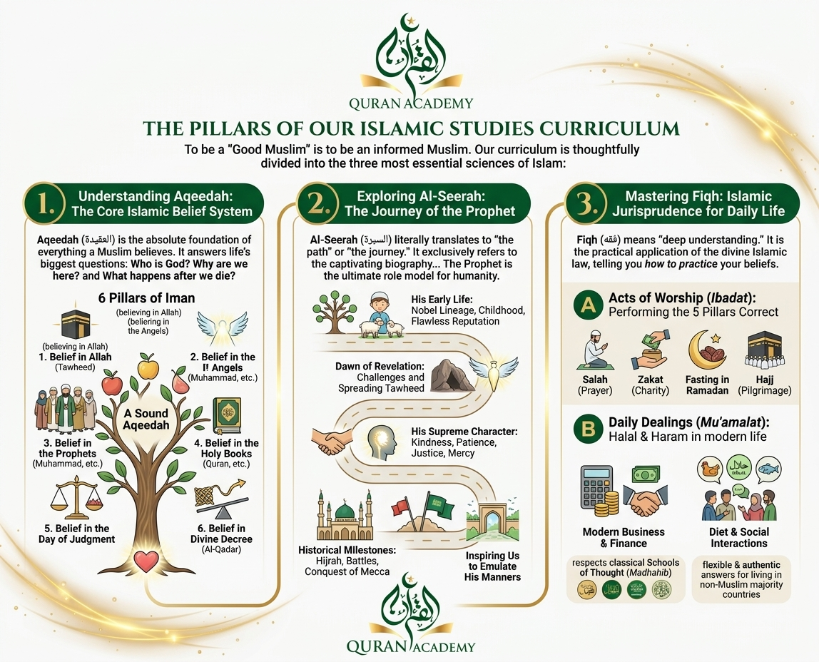An educational infographic presenting the three pillars of the Islamic Studies Curriculum at Quran Academy: Understanding Aqeedah (6 Pillars of Iman), Exploring Al-Seerah (The Journey of the Prophet), and Mastering Fiqh (Islamic Jurisprudence for daily life).Islamic courses online