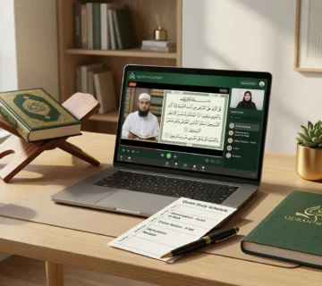 A modern workspace featuring a laptop with a virtual Quran class, a physical Holy Quran, and a planner displaying an effective online Quran study schedule.