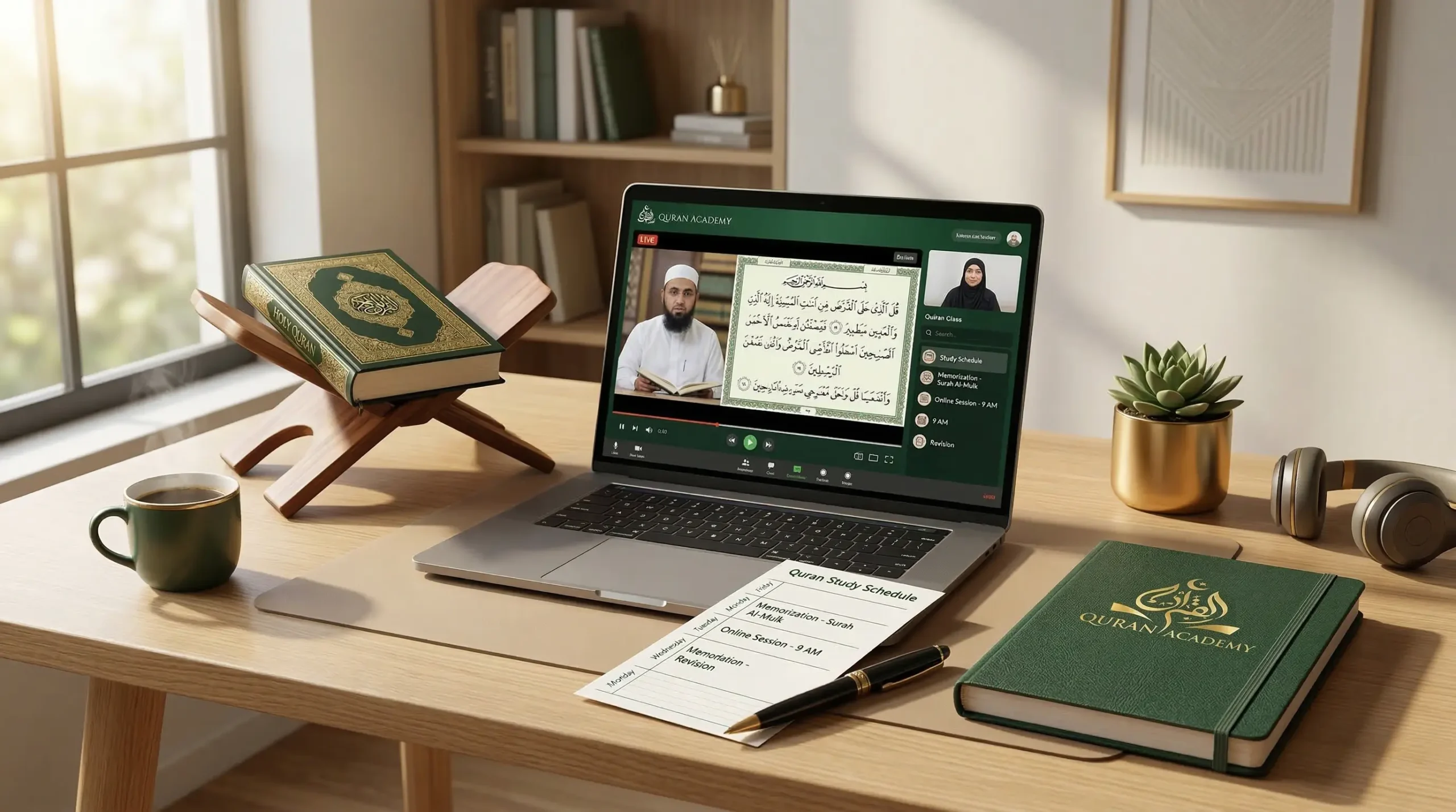 A modern workspace featuring a laptop with a virtual Quran class, a physical Holy Quran, and a planner displaying an effective online Quran study schedule.