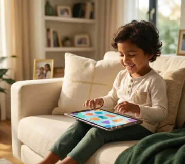 A happy 5-year-old child learning at home, representing fun and interactive online Noorani Qaida classes for kids. how to teach noorani qaida to a 5 year old
