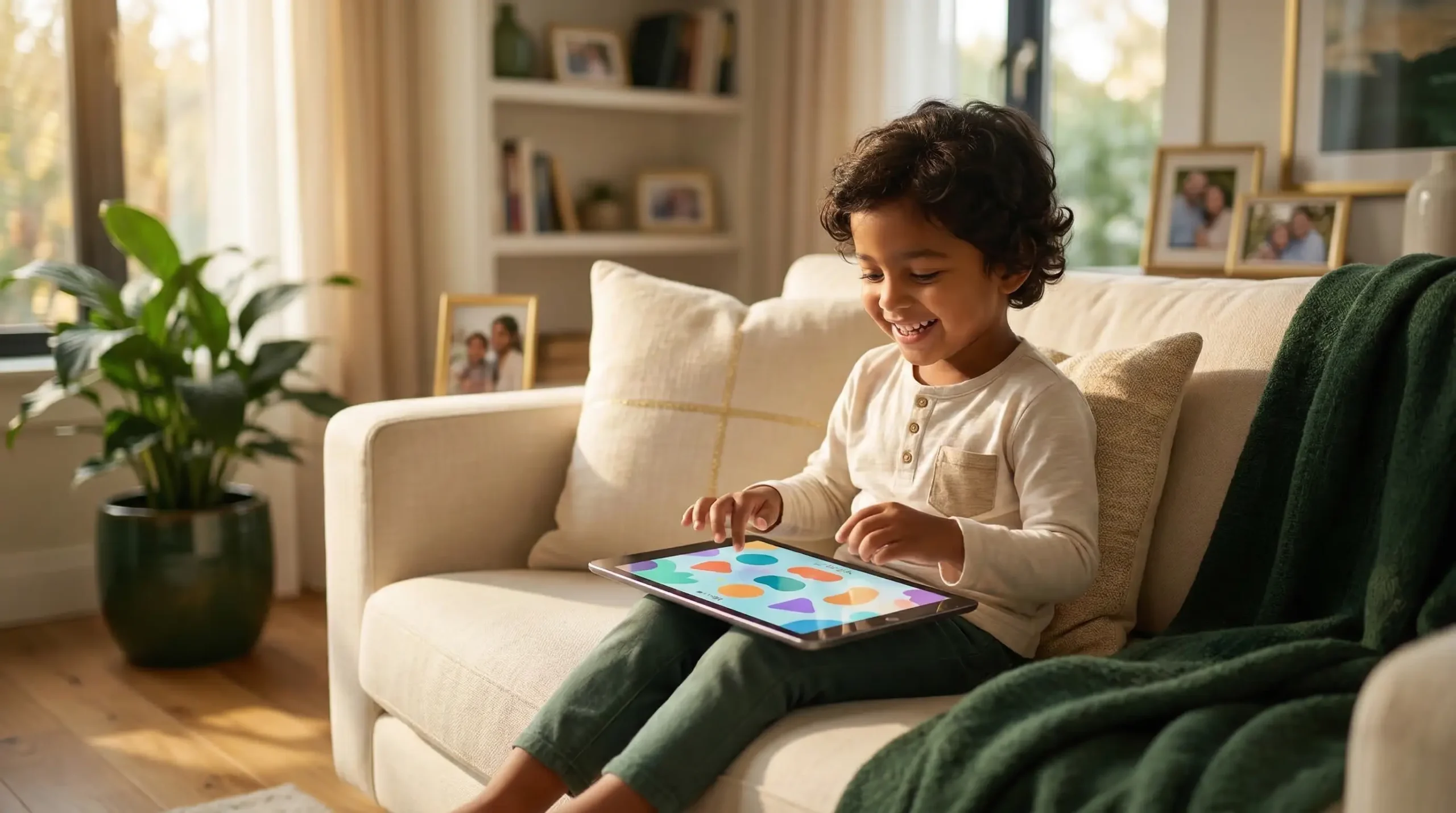 A happy 5-year-old child learning at home, representing fun and interactive online Noorani Qaida classes for kids. how to teach noorani qaida to a 5 year old